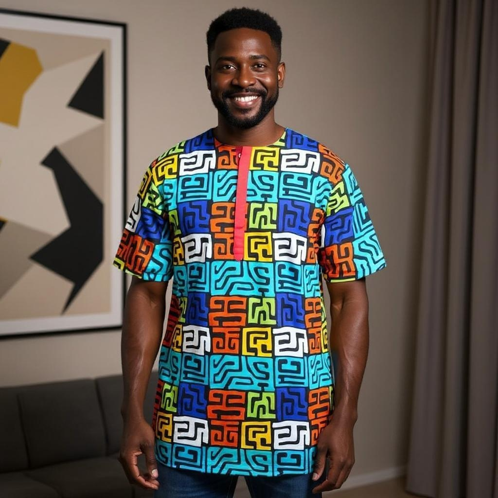 Men's African Multicolor Geometric Print Short Sleeve Dashiki Shirt