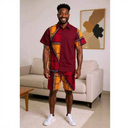 Men's Red/Gold African Print Shorts Set