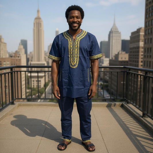 Youth/Boys/Men 3pc African Navy/Gold Embroidered Pants Set (Medium)