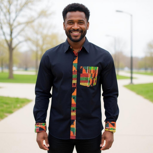 Men's African Black Kente Print Full Sleeve Shirt (2XL)