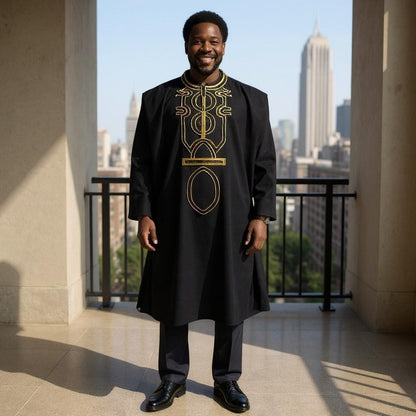 Men's African Black/Gold 3pc Grand Agbada Boubou Set