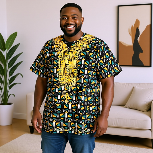 Men's Green/Black/Gold African Print Embroidered Dashiki Shirt