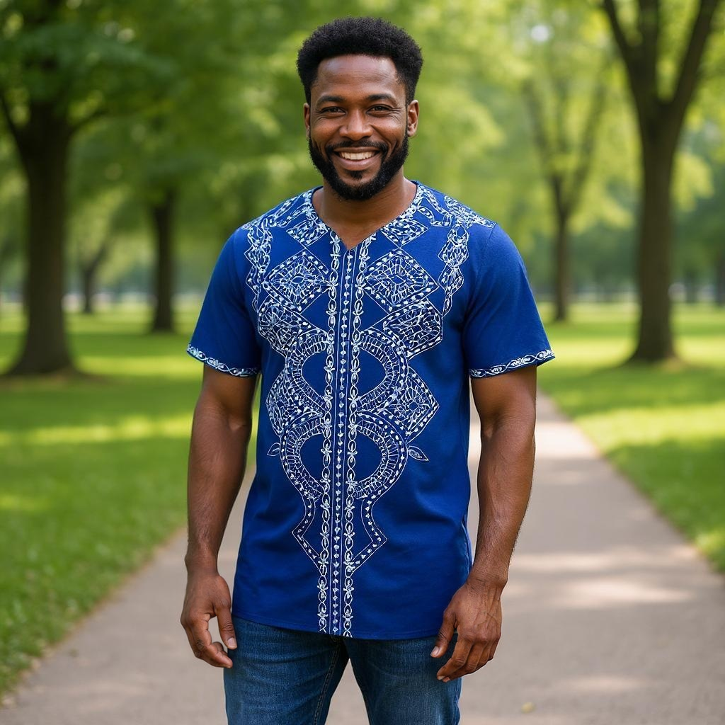 Men's African Print Embroidered Dashiki Shirt (Royal Blue) (2XL)