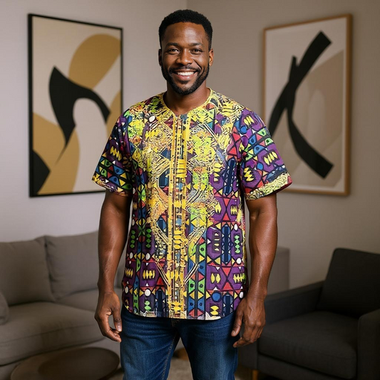 Men's Purple Multi-Color African Print Embroidered Dashiki Shirt