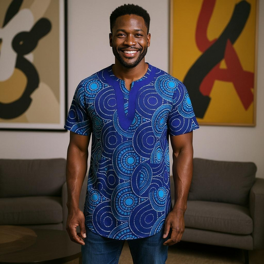 Men's Blue/Turquoise African Print Embroidered Dashiki Shirt