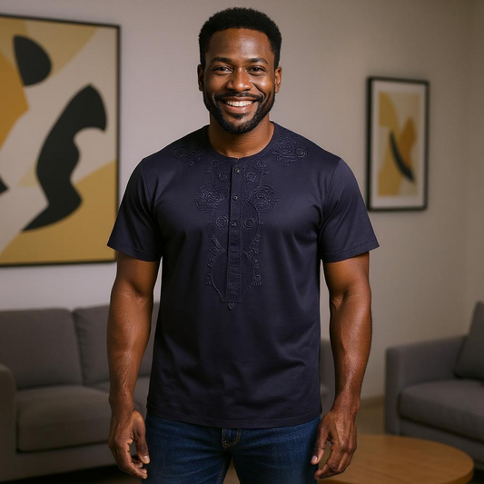 Men's African Solid Black Embroidered Color Dashiki Top