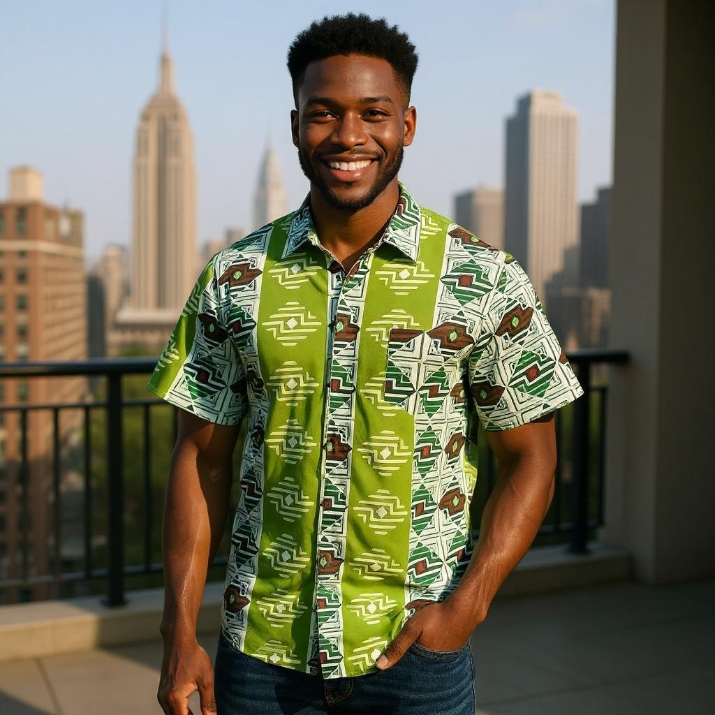 Men's Green/Olive/White/Red Print Short Sleeve Button Down Shirt (3X)