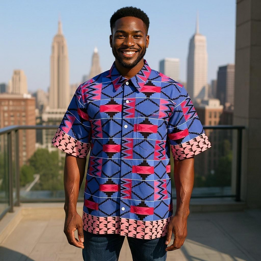 Men's Royal Blue/Red/Black African Print Kente Shirt