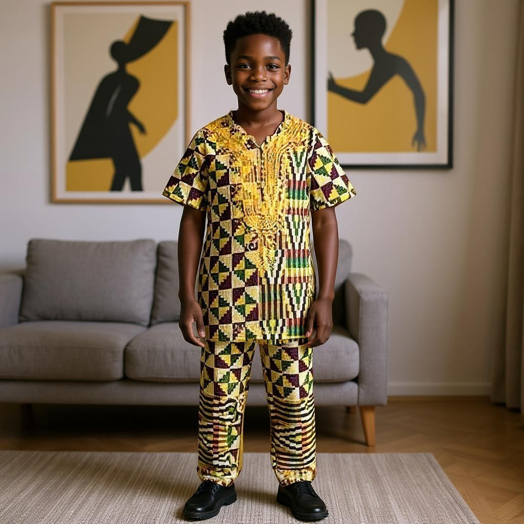 Kids 3pc African Dashiki Yellow/Purple/Green Print Pant Set (8T)