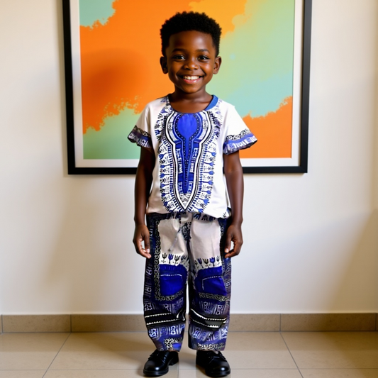 Boys White Blue African Dashiki Pant Set (XL)