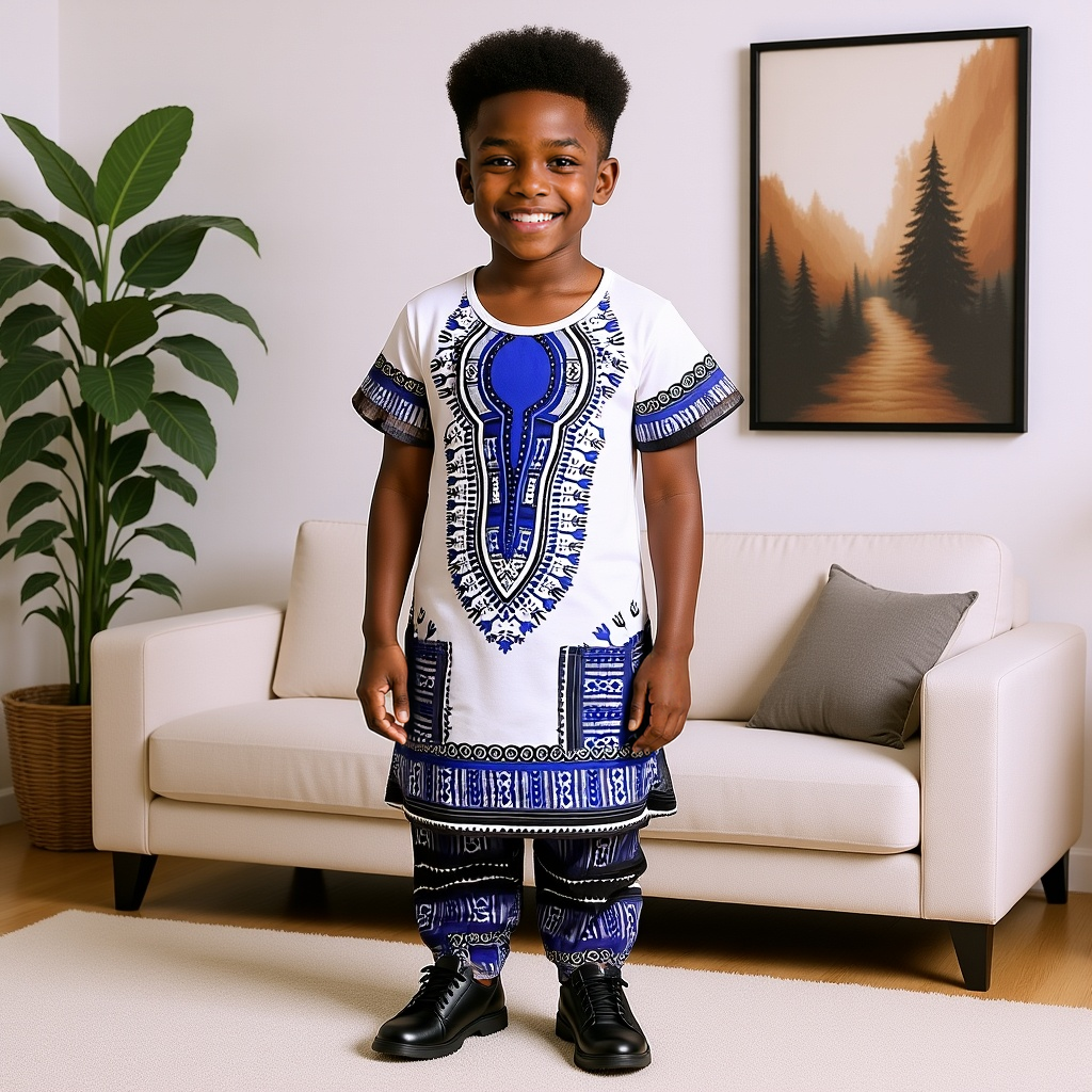 Boys White Blue African Dashiki Pant Set (XL)