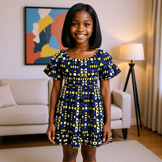 Girls Blue/Yellow African Print Dress w/Headband