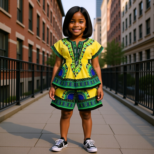 Girls Elastic Waistband Dashiki Top and Shorts Set
