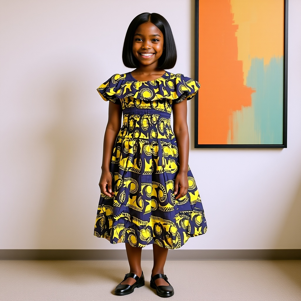 Girls African Yellow/Purple Print Smoked Dress
