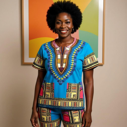 Traditional Print Light Blue/Pink Unisex Dashiki Shirt (XL)
