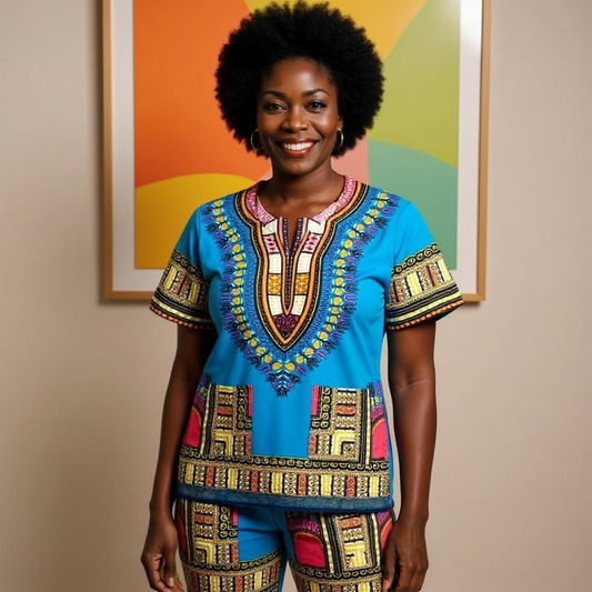 Traditional Print Light Blue/Pink Unisex Dashiki Shirt (XL)