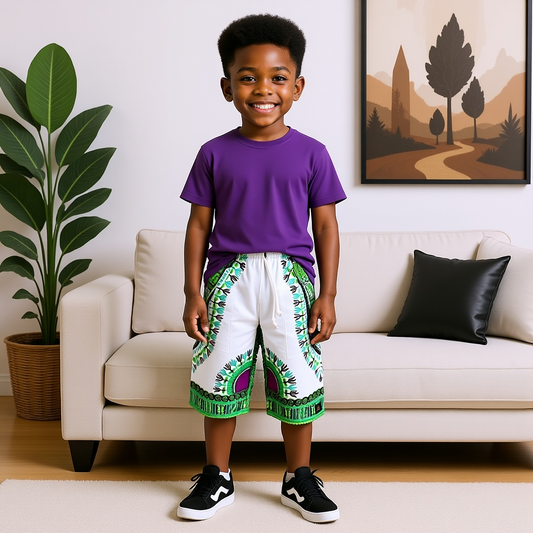 Kids White-Green Dashiki Shorts