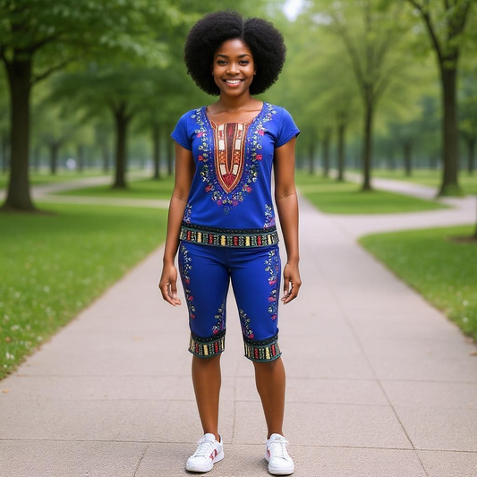 Girls/Juniors/Women's 2pc African Print Blue Scuba Top & Bottom Set