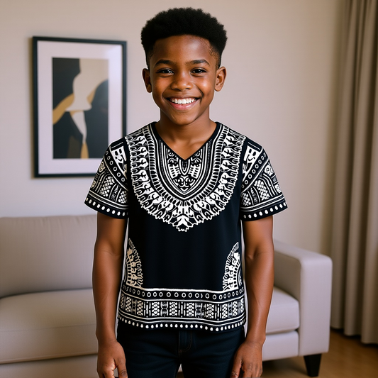 Kids Black/White African Print Dashiki Top (10T)