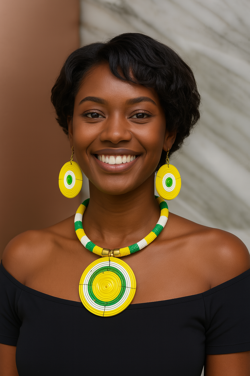 Maasai African Round Green/Yellow/White Beaded Choker Necklace & Earring Set