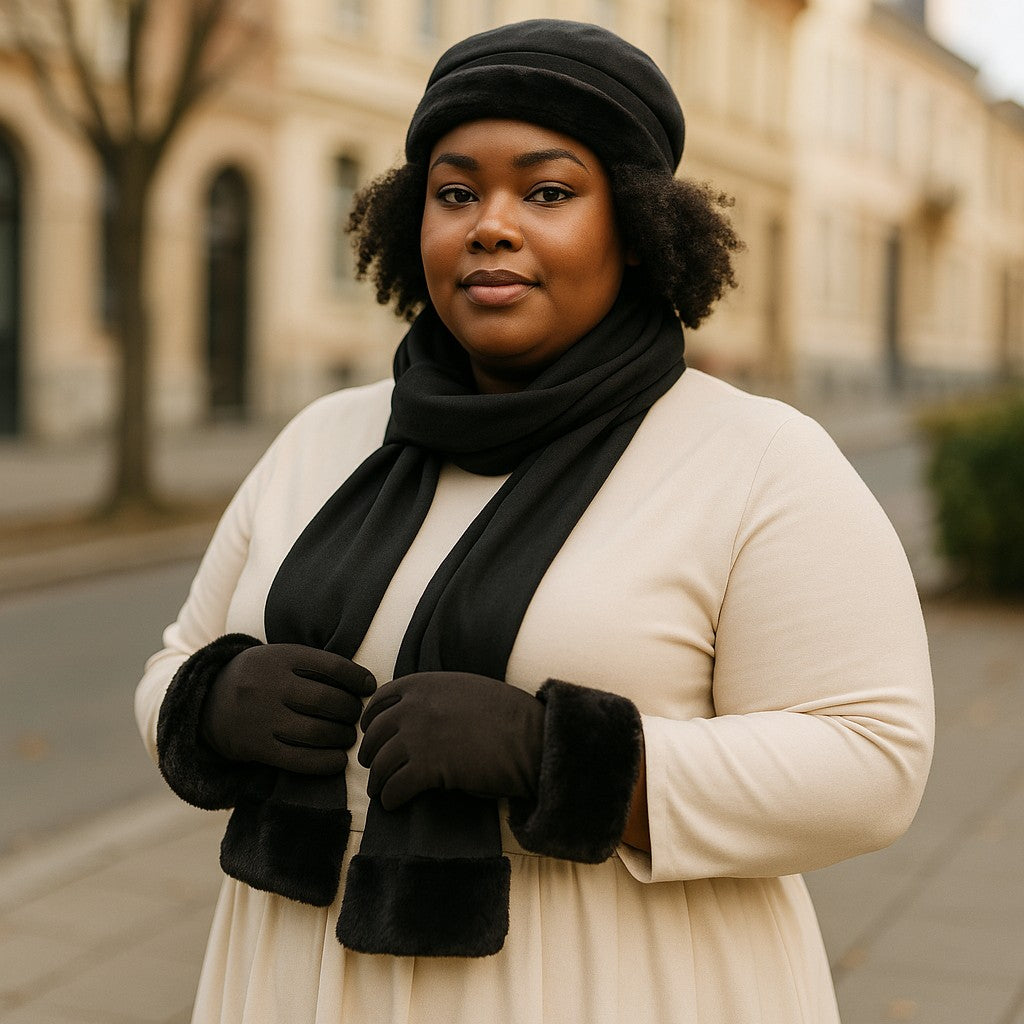 Faux Fur Trim Fleece Scarf, Hat, & Gloves 3pc Set