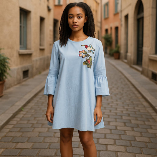Light Blue Embroidered Bell Sleeve Mini Dress
