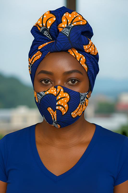 Royal Blue Floral Print Headwrap with Matching Face Mask