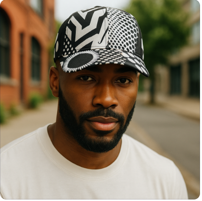 Black/White African Print Baseball Cap with Matching Mask