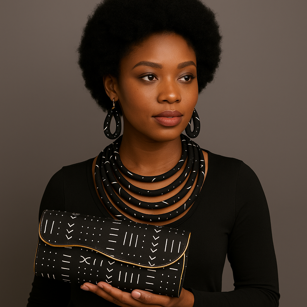 Woman holding a black clutch with white patterns against a brown background