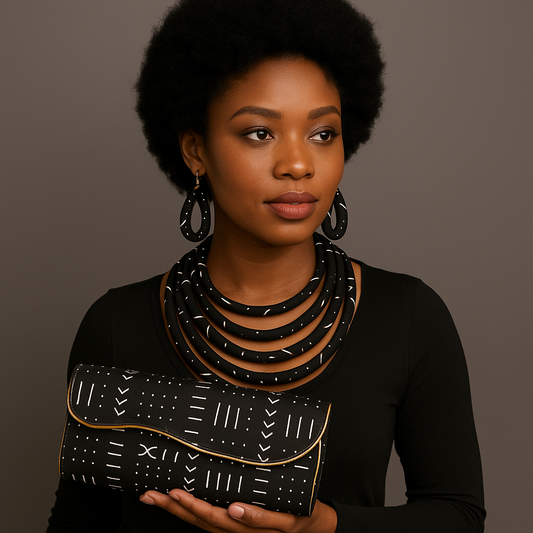 Woman holding a black clutch with white patterns against a brown background