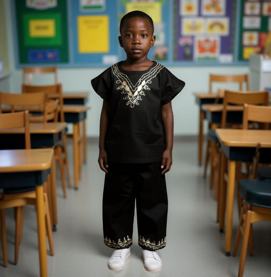 Boys Solid Black 2pc African Dashiki long Shorts Set (Large)