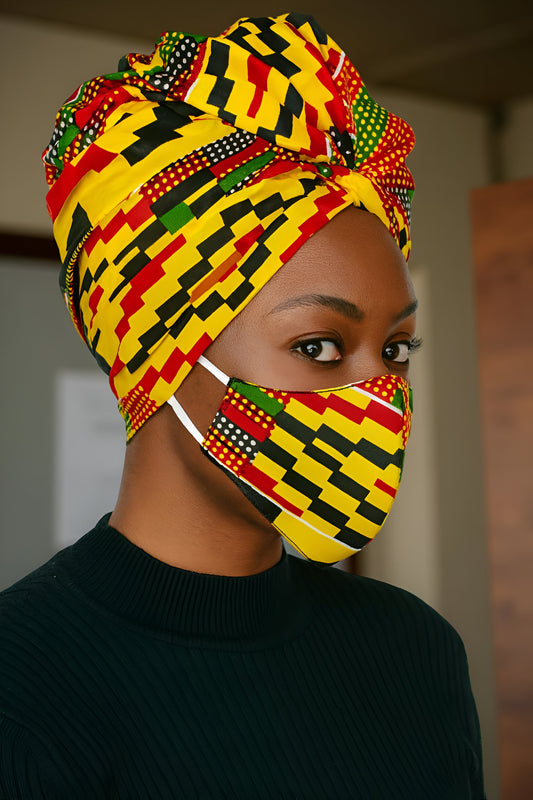 Bold Colorful Ankara African Kente Print Headwrap w/Face Mask