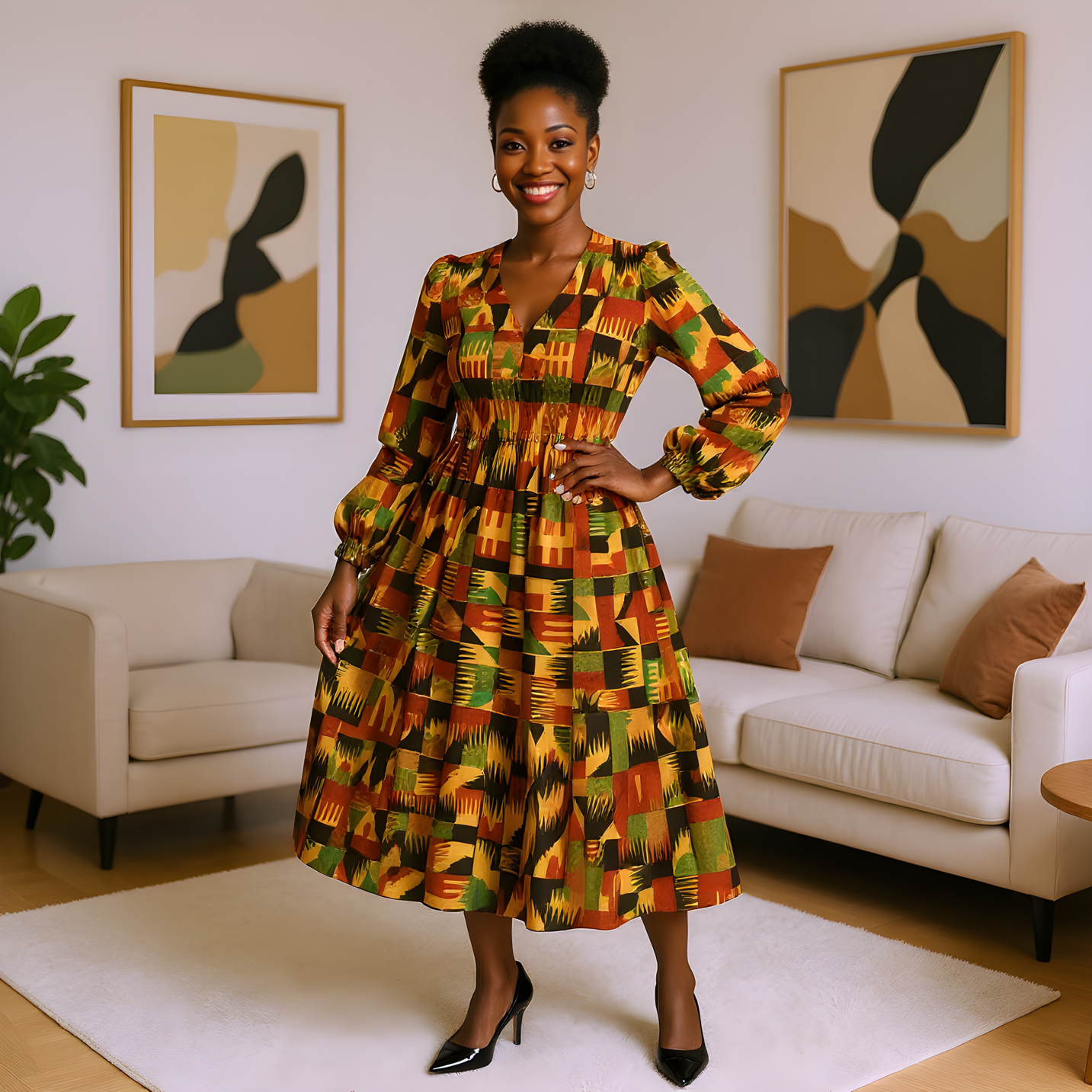 African Kente Print Long Full Sleeve Dress