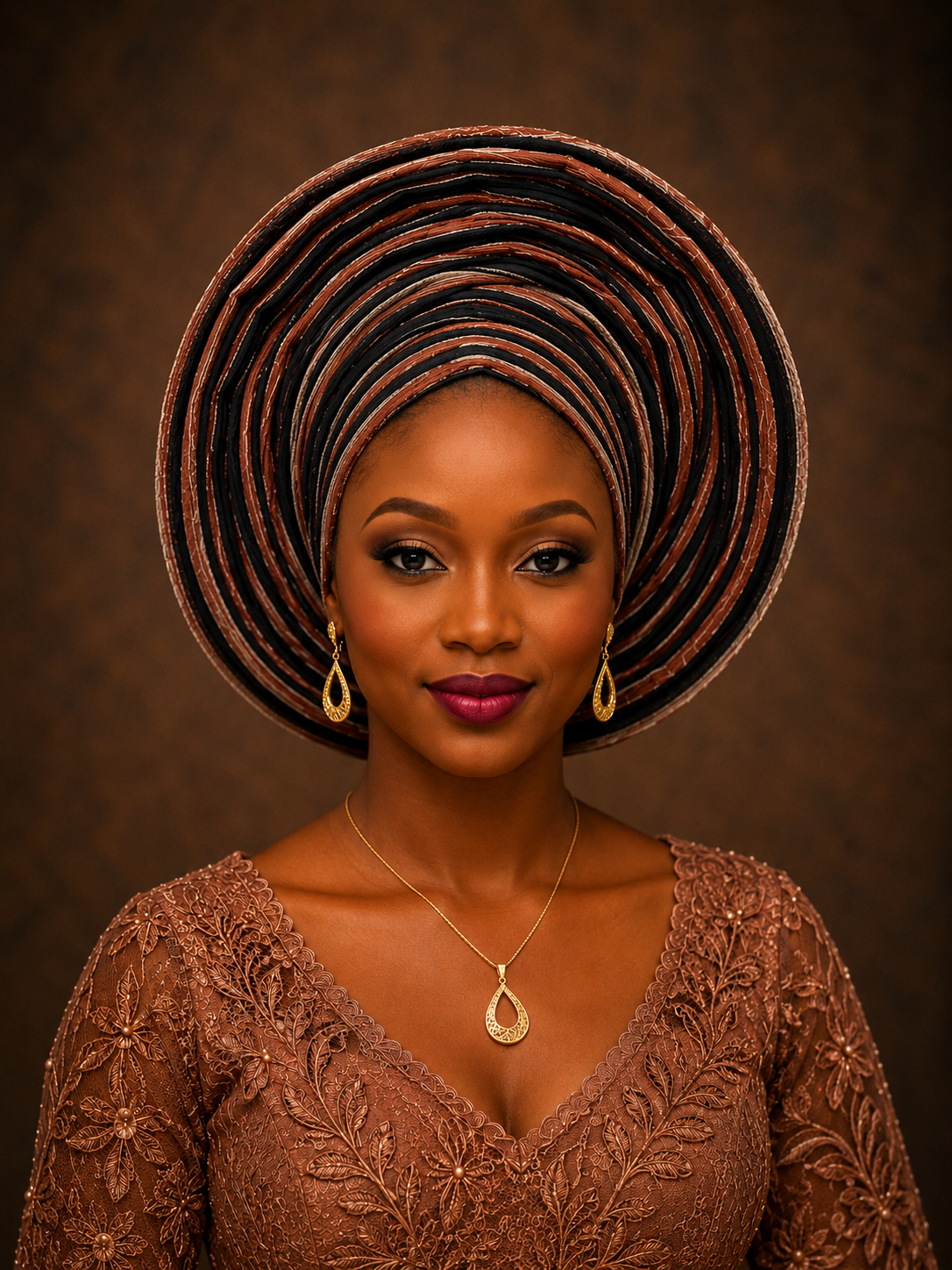 Black, Copper & Taupe Aso Oke Gele