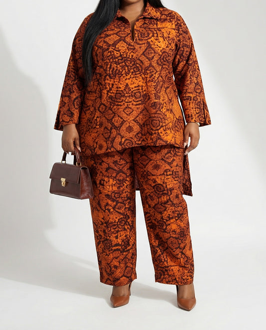 Rust Ankara Print Two-Piece Pants Set