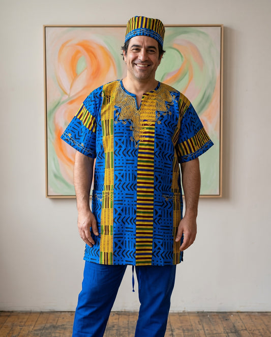 Men's Royal Blue African Dashiki Top with Matching Kufi Hat
