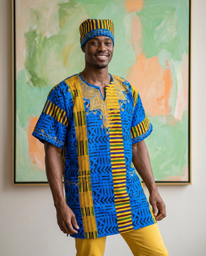Men's Royal Blue African Dashiki Top with Matching Kufi Hat