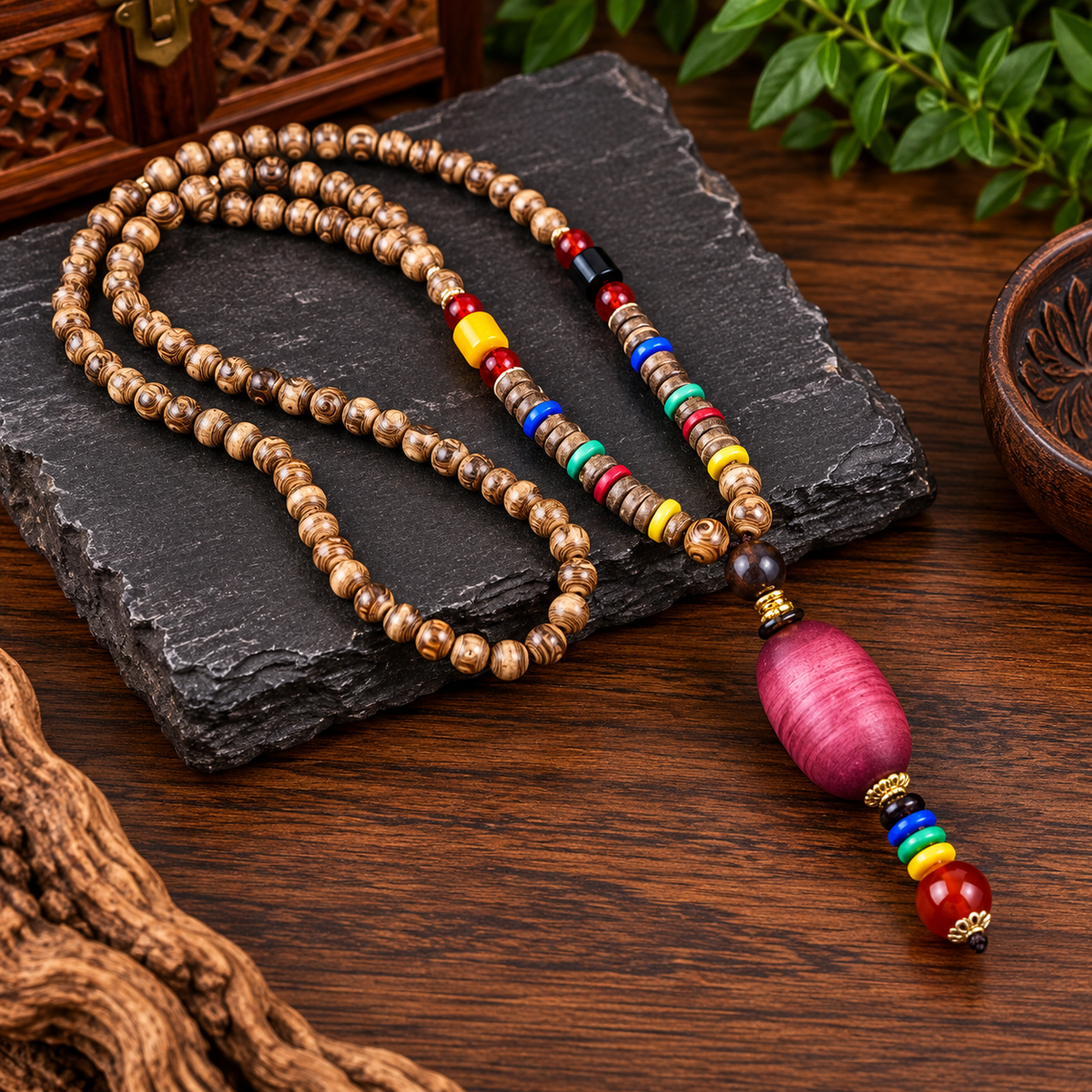 Men’s Vintage Tribal Wood Bead Pendant Necklace