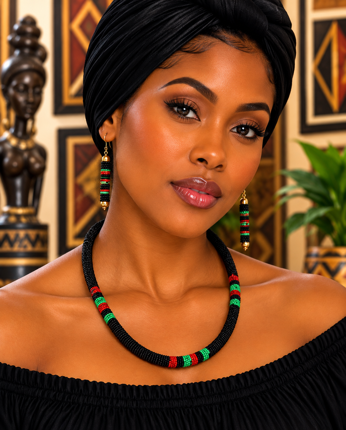 African Red, Green & Black Beaded Necklace & Earrings Set