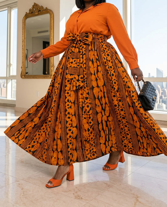 Orange and Black Bold African Print Maxi Skirt