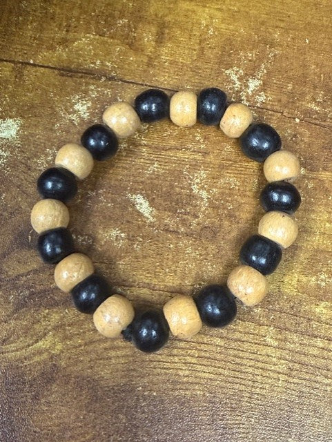 Men’s Black & Natural Wood Bead Stretch Bracelet