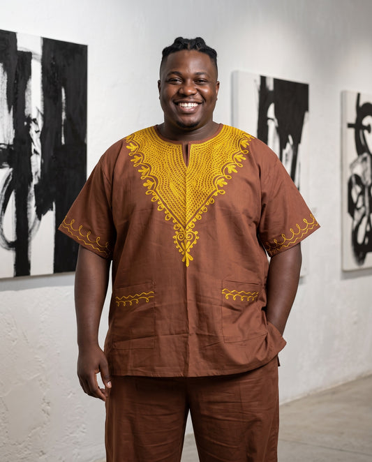 Brown African Dashiki Shirt with Matching Kufi Hat
