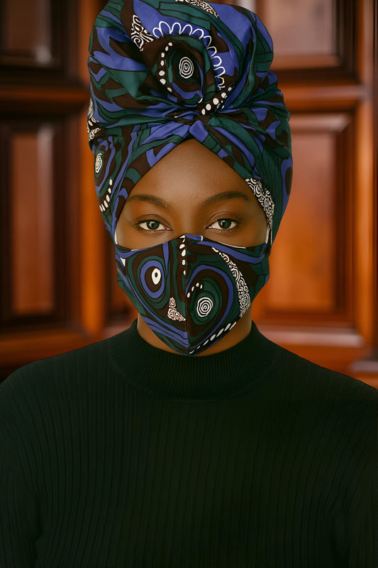 Purple Ankara African Print Headwrap w/Face Mask