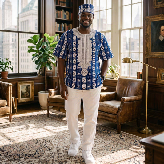 Men's African Print Dashiki Shirt – Royal Blue and White