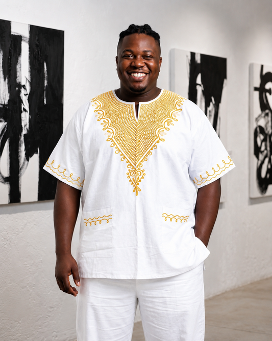 White African Dashiki Shirt with Matching Kufi Hat