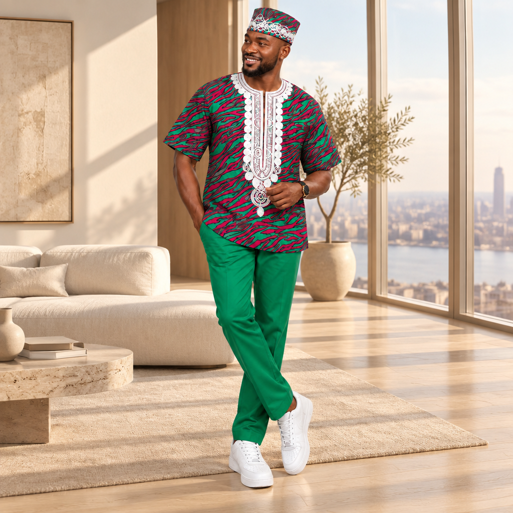 Men’s Plum/Green African Print Dashiki Shirt