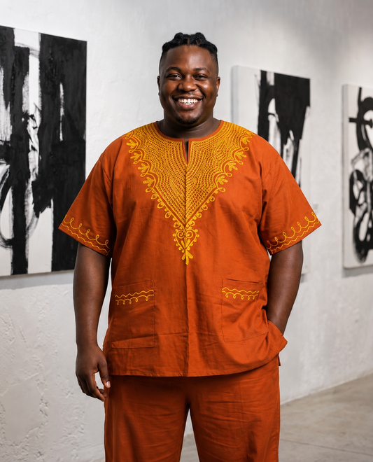 Orange African Dashiki Shirt with Matching Kufi Hat