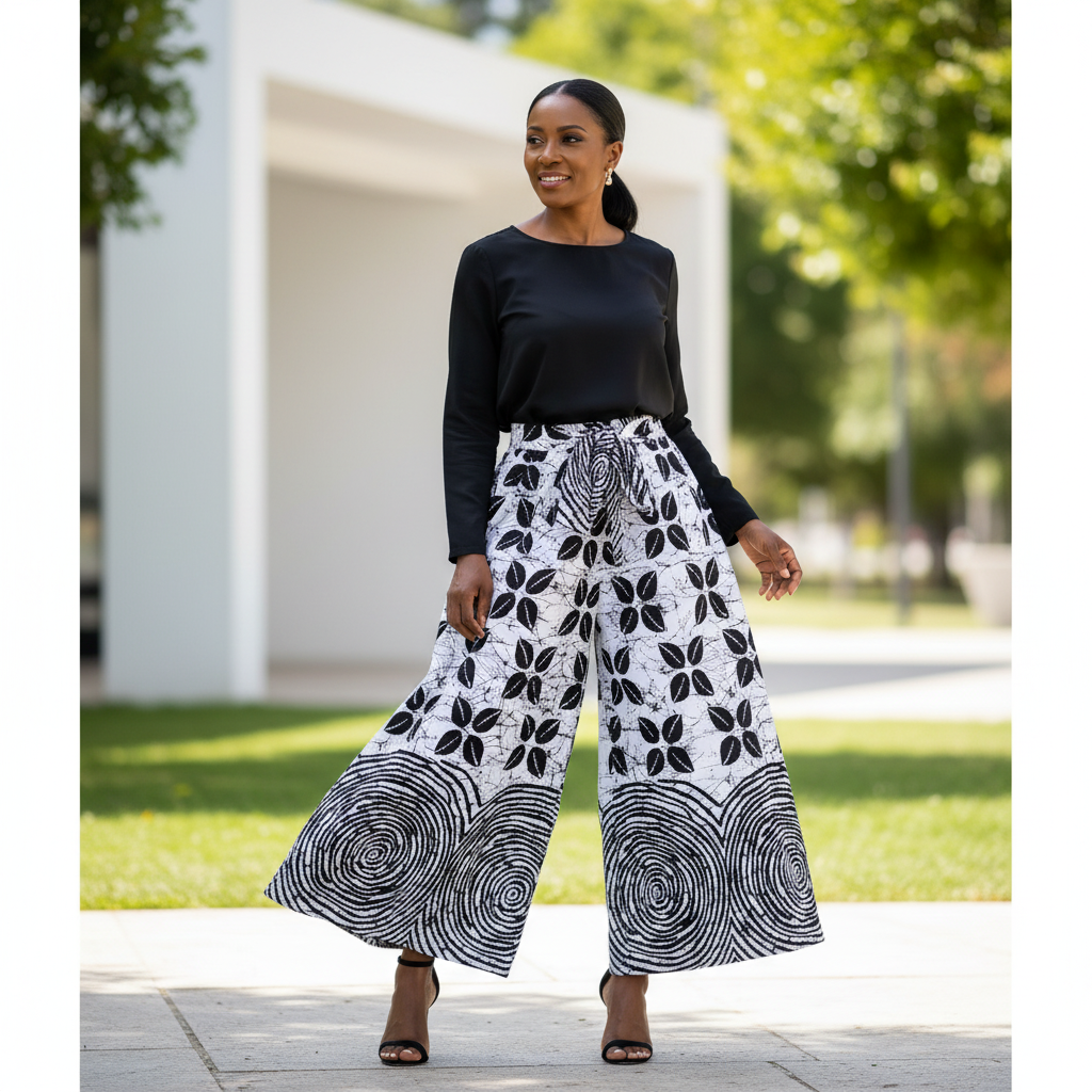Women’s Black and White African Print Palazzo Pants