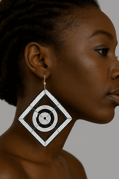 Large Black and White Diamond Shaped African Masai Earrings