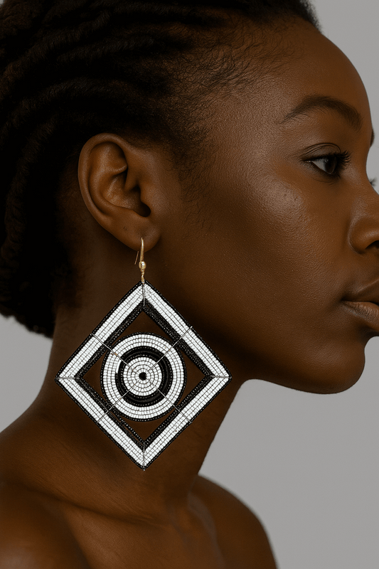 Large Black and White Diamond Shaped African Masai Earrings
